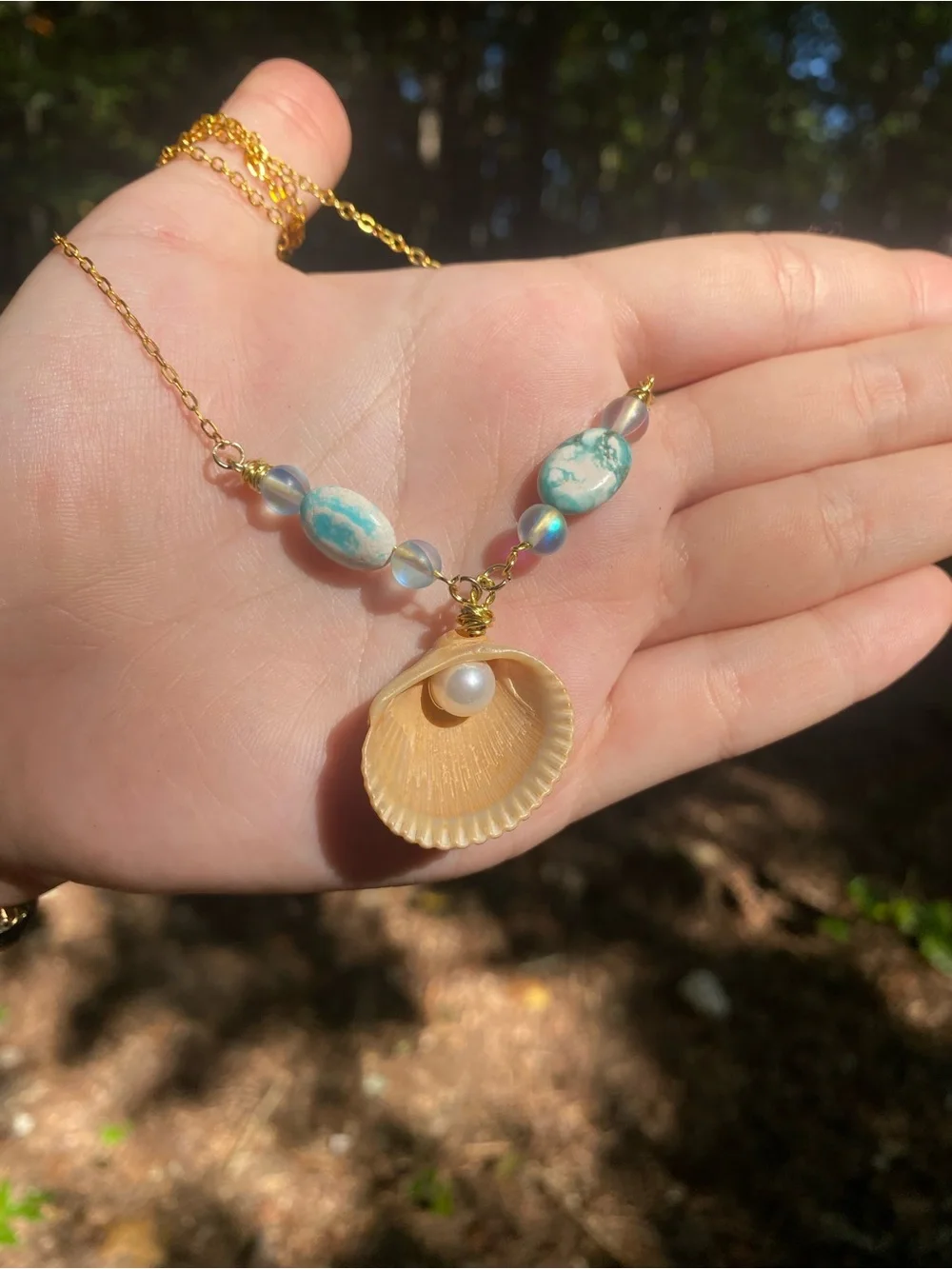 Handcrafted Shell and Pearl Pendant Necklace in Cream and Blue